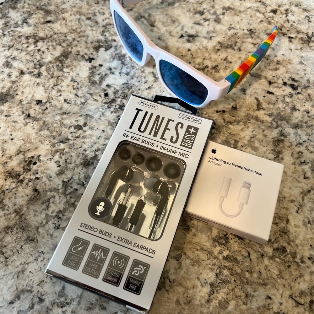 Bluetooth sunglasses, Tunes headphones and Apple Adapter